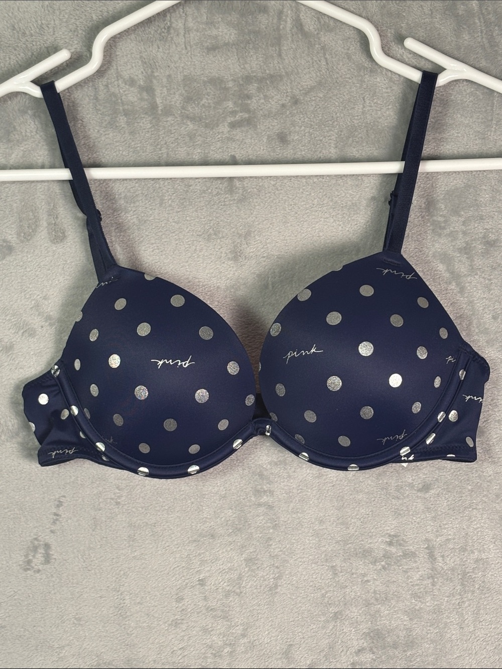 NWOT New Victoria Secret Pink Navy Polka Dot Super Push Up Bra S